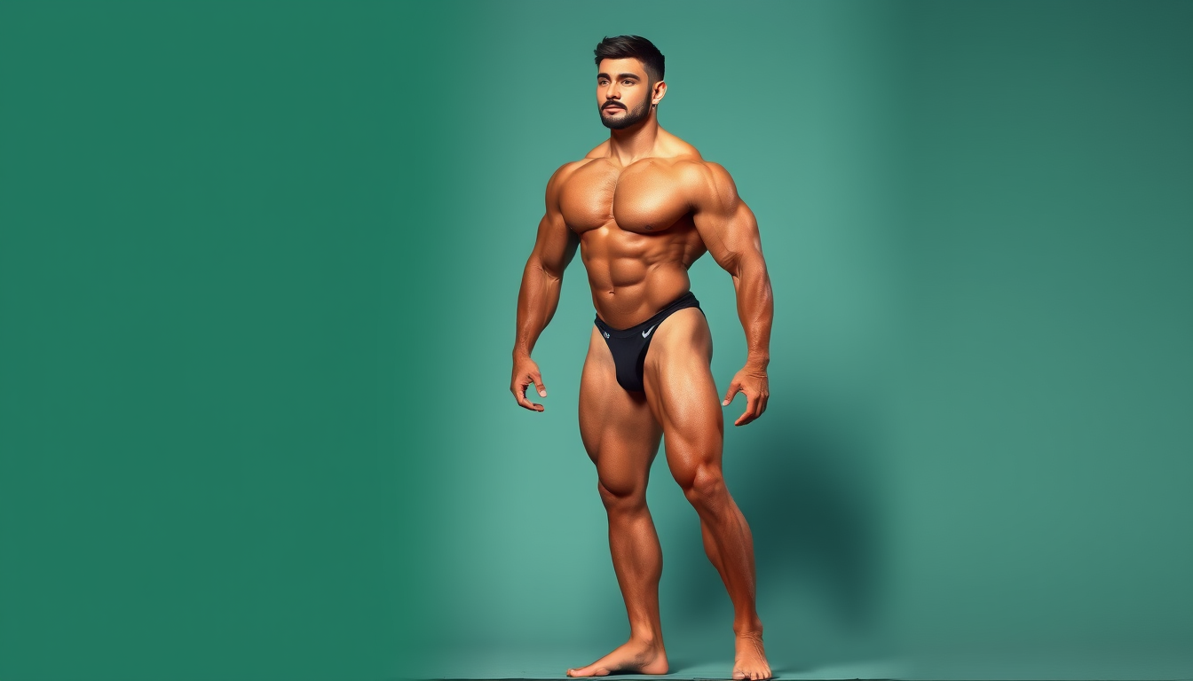 Main art studio: Ganzkörperfoto eines Bodybuilders von Kopf bis Fuß sichtbar. 30 Jahre alt. Posing-Trunk rubinrot. Schmaler Wettkampf-Posing-Trunk. Körpergröße 1,86 M.