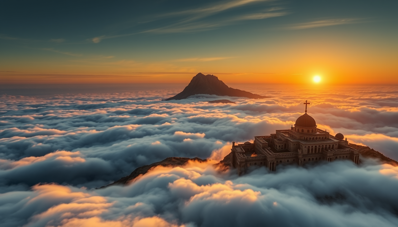 Main art studio: breathtaking photorealistic mountain peak above a sea of clouds overlooking Damascus, Syria, the Damascus Sword monument visible in the city, golden s