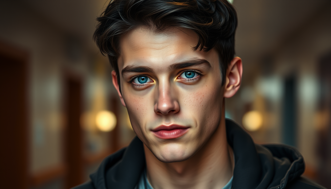 Main art studio: A handsome 19-year-old male student named Noah, black hair, bright blue eyes, kind and protective expression, realistic cinematic photography style, s