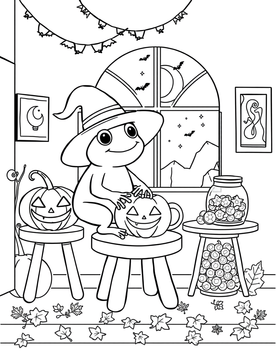 Main art studio: A cute black and white coloring page for kids, simple line art style. Bold thick black outlines, pure white background, no shading, no color, crisp ve