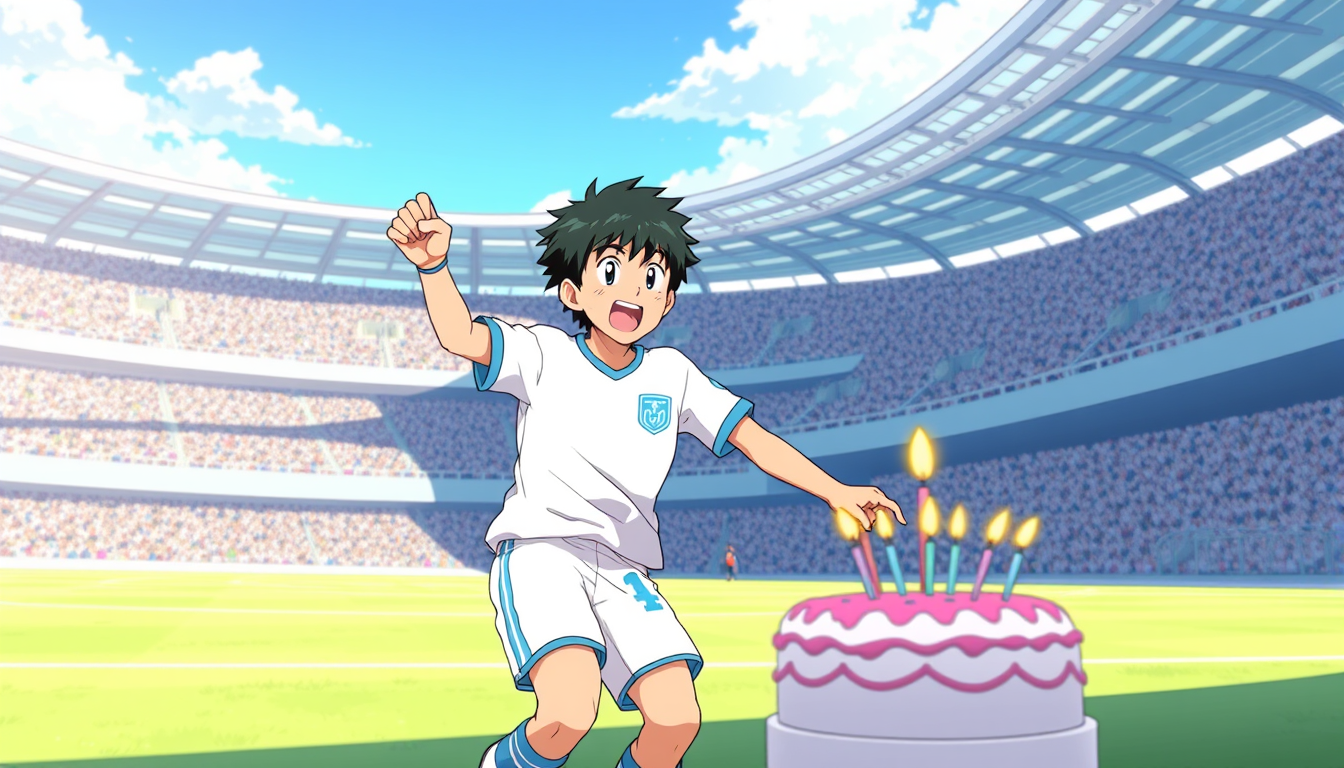 Main art studio: Captain Tsubasa birthday when he is wearing white and light blue playing match shirt animated