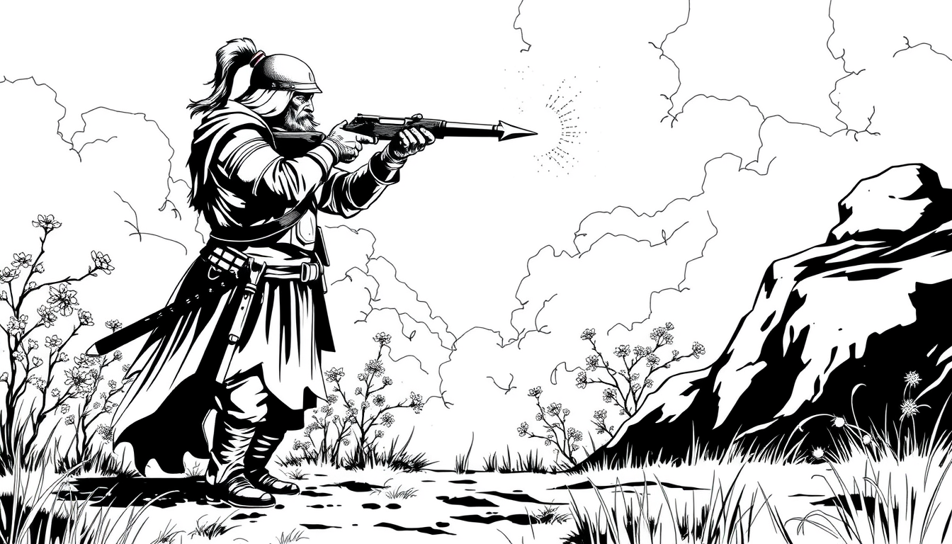 Main art studio: Erstelle ein bild nur aus schwarz und weiß auf comic stil angelegt also so aus strichen, bei dem zwei männer auf einer fläche stehen im hintergrund si