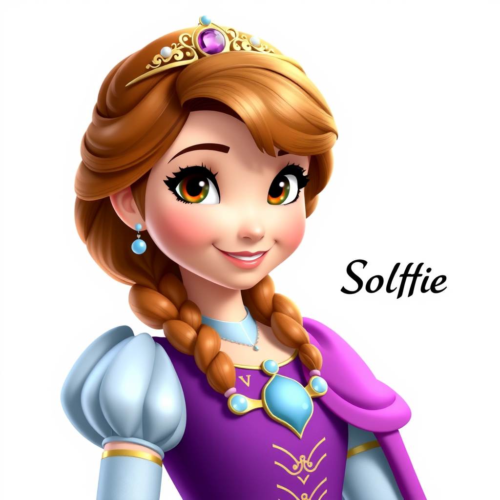 Main art studio: Generate a high resolution and clear picture of sofia the first with her tag name of walt disney next to her. Either her left or right but not on her