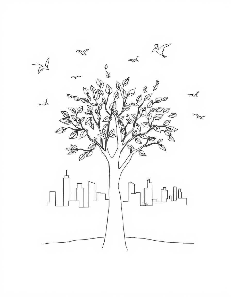 AI Art prompt example created from the prompt: Outline drawing of a tree with leaves in the middle of page, city background, birds in skies, mood is calm, relaxed, and has a sense of belo