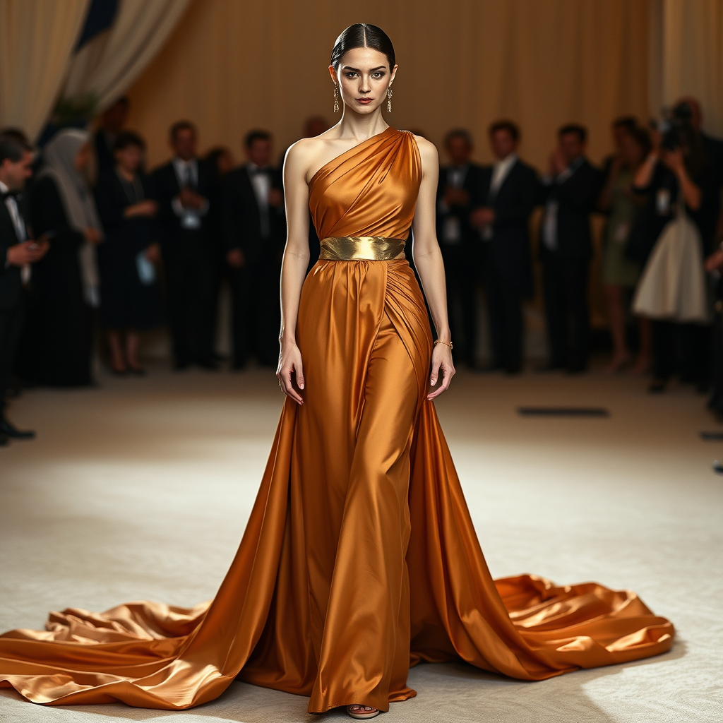 Main art studio: Ancient Greek inspired haute couture gown, warm bronze silk fabric, long straight dress, asymmetric draped neckline exposing the shoulders, metallic g