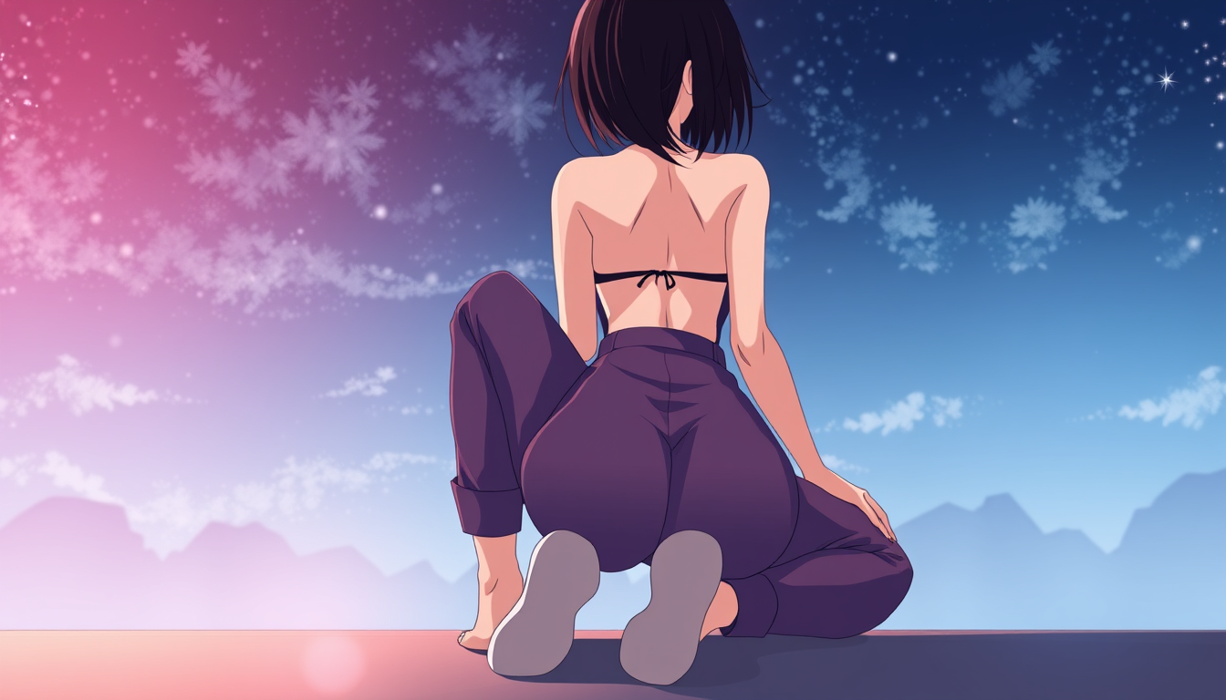 Main art studio: a anime women in her 20's wearing a femboy looking trouser and nothing on top part of body, she has black hair, i want a rier view from behind ass cen