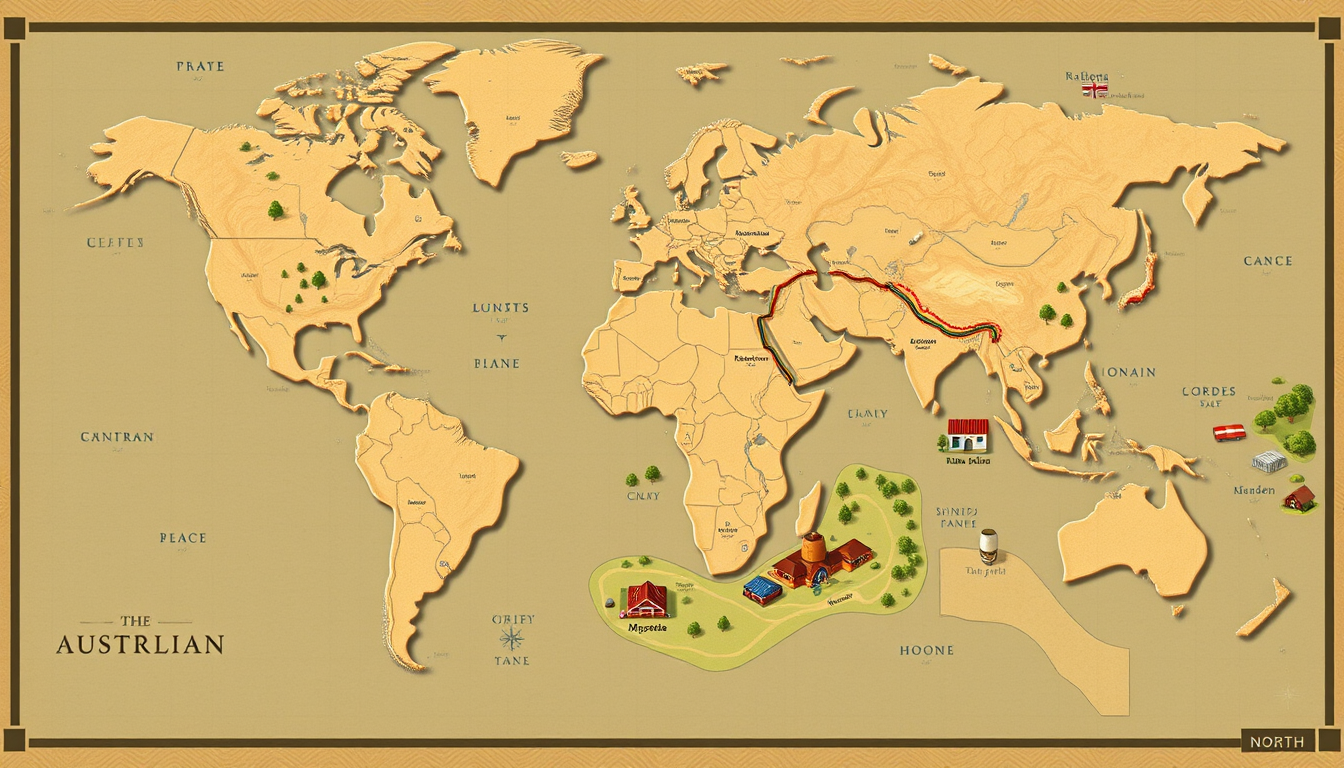 Fantasy Maps idea: a readable fictional world map with coherent coastlines, terrain regions, routes, and landmarks, deliberate composition, Overhead map of ONE Australia