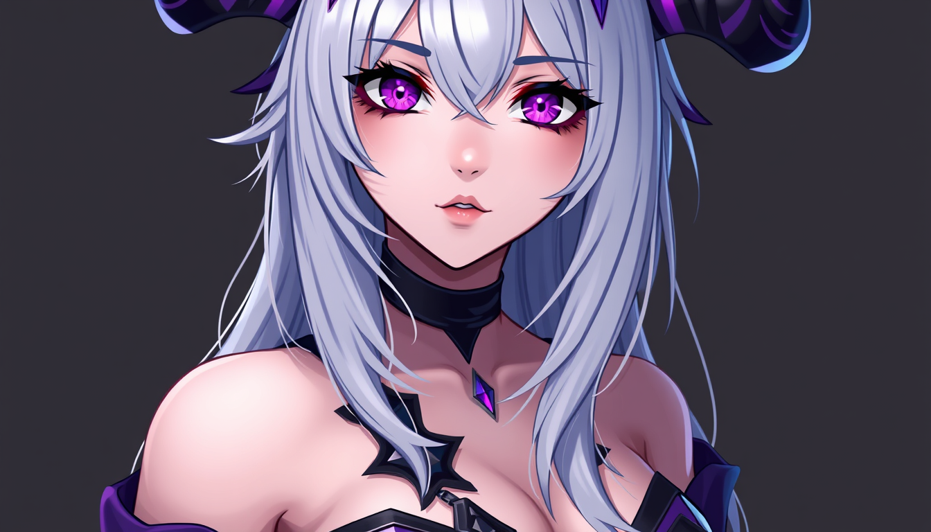VTuber Avatars idea: vtuber avatar, anime style bust, expressive eyes, streaming overlay ready, dark fantasy vtuber, silver hair, purple accents, horns , clean vtuber char