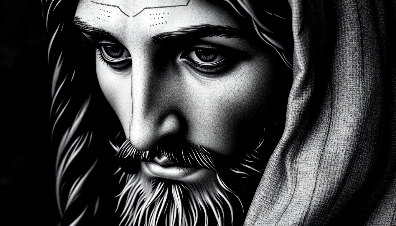 AI Art prompt example created from the prompt: jesus christ face, style like in carravggios inreduclity of thomas but black and white, with text of verse romans 12:18, kjv version