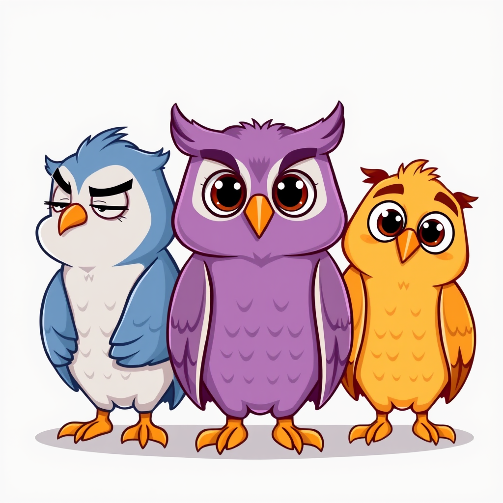 Main art studio: Exactly three cute cartoon owls with identical beak shape and size. All eyes fully open, lively and clearly visible. Left blue-gray: nervous posture,
