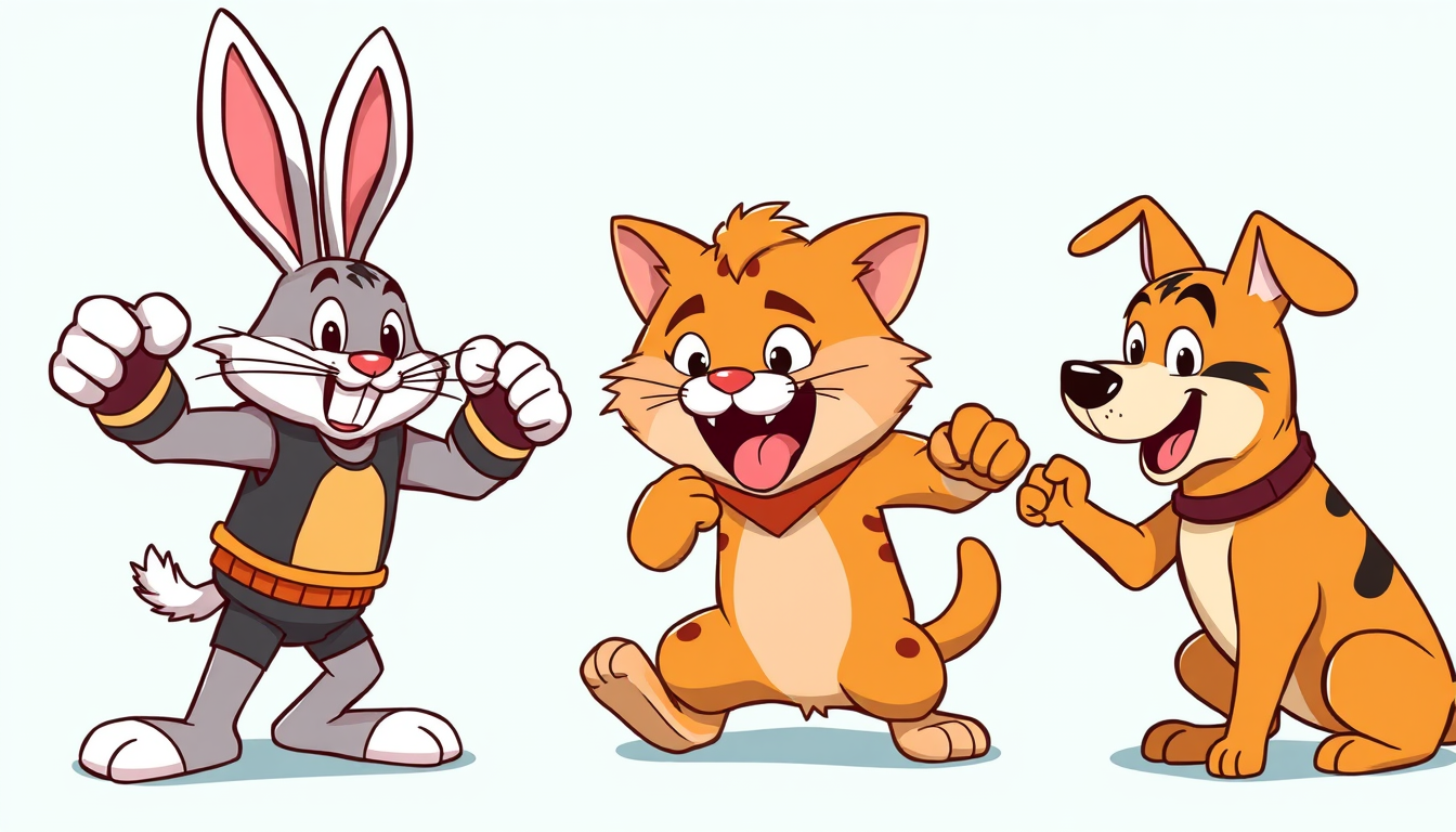 Main art studio: cartoon bunny ,cat and dog want to be wrestlers