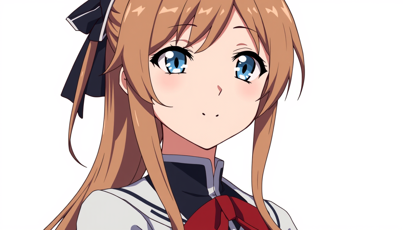 Anime Characters idea: an anime character with a legible silhouette, controlled costume language, and expressive face, deliberate composition, Fair skin, long light-brown ha