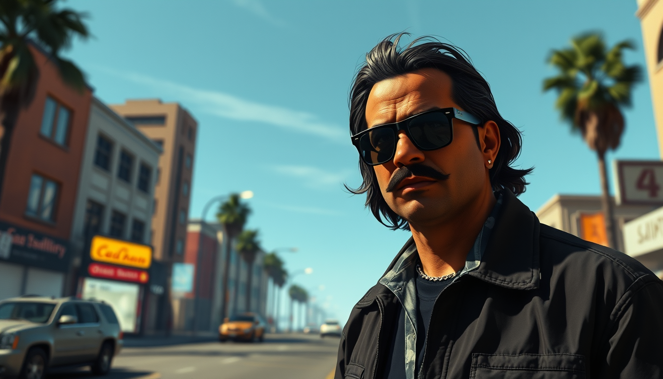Main art studio: Créer moi une image copier coller comme si j’avais prit un screen dans le jeu GTA pour commencer. C’est un mec qui a la peau noirs déjà il a des lunet