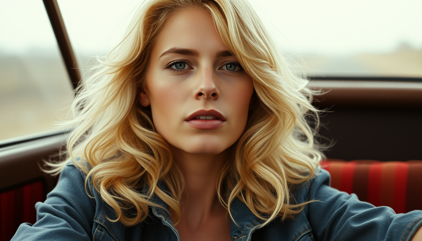Main art studio: create a life like image of a blonde 70's lay