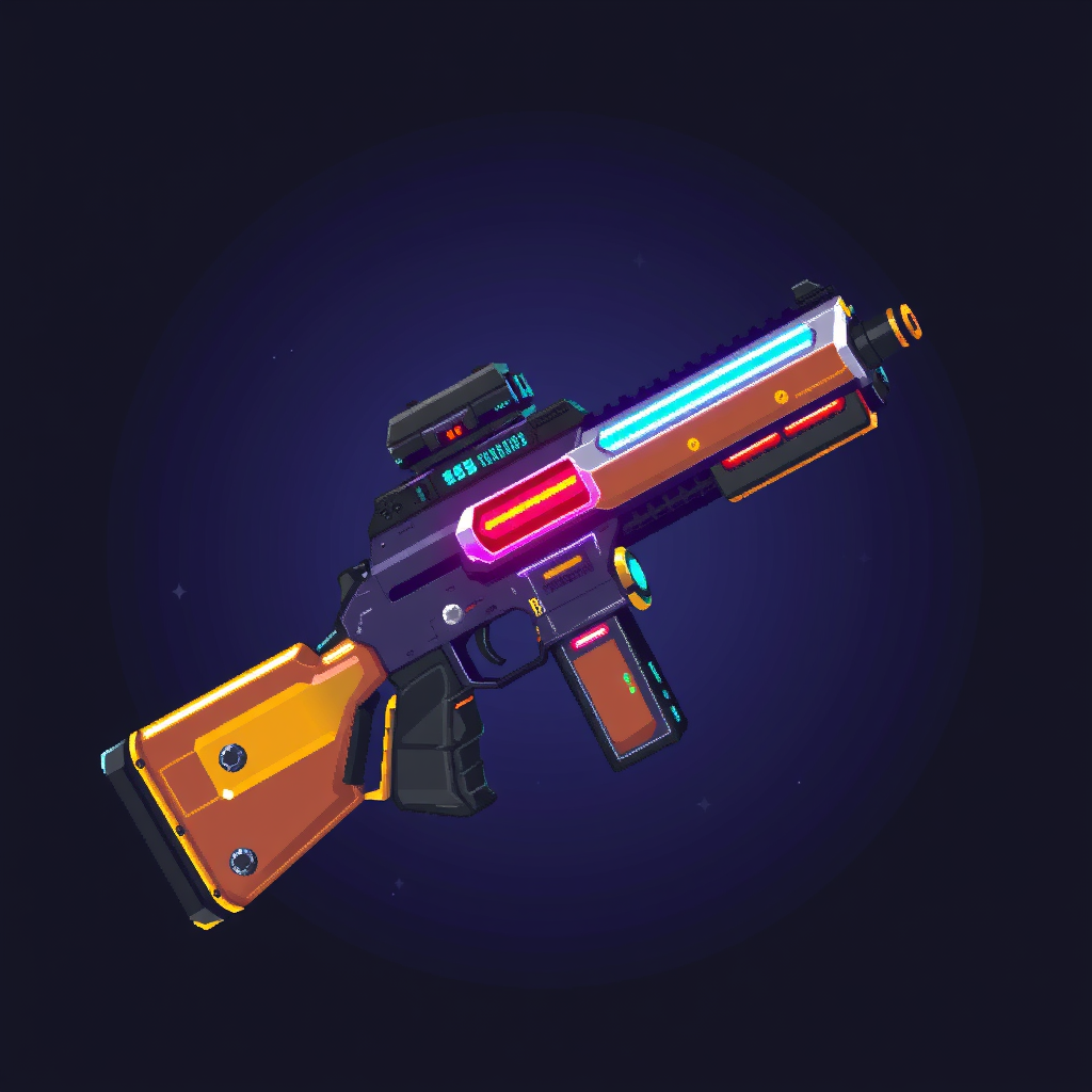 Main art studio: pixel themed realistic future gun, bright colors, lights