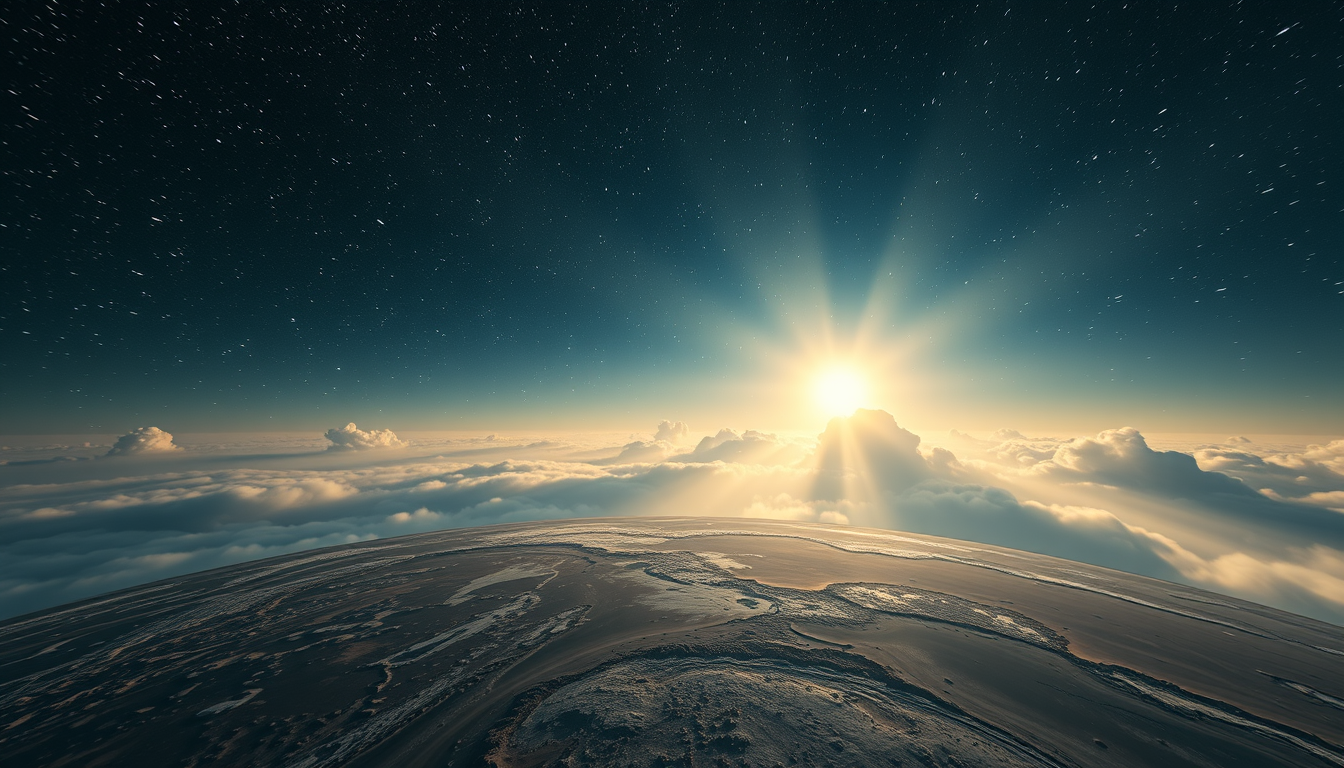 Main art studio: Countless stars over the silent earth, soft rays of light breaking through clouds, dramatic wide-angle shot, realistic atmosphere, Islamic documentary