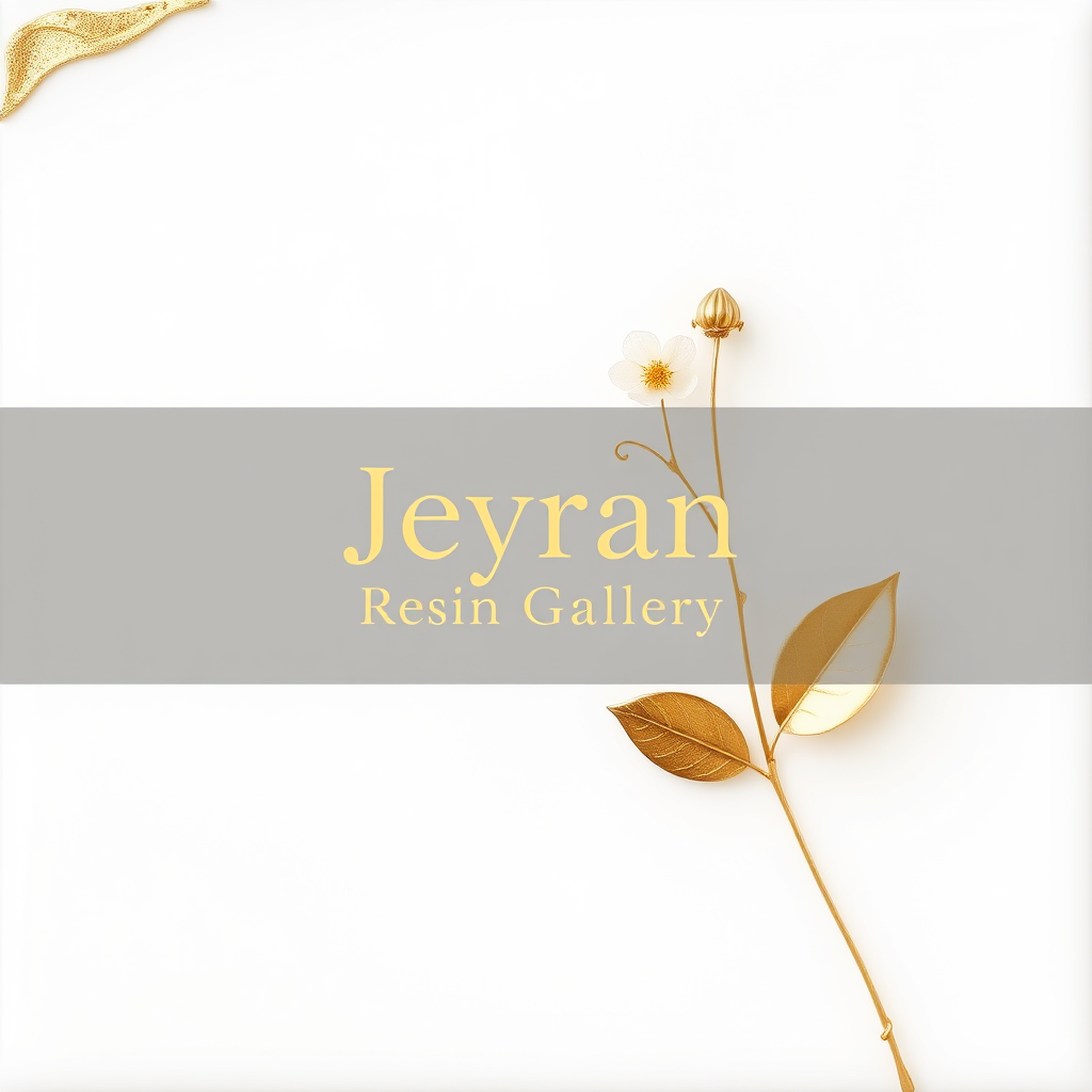 Main art studio: Minimal elegant resin art logo, ivory white background with refined gold accents, delicate resin flower and a small golden leaf, soft glossy effect, l