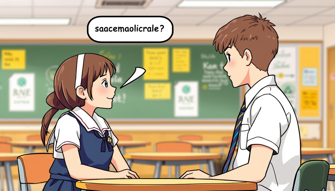 Main art studio: a boy and girl in school uniform meeting in a classroom. One student has a speech bubble "how was your summer holiday?"
