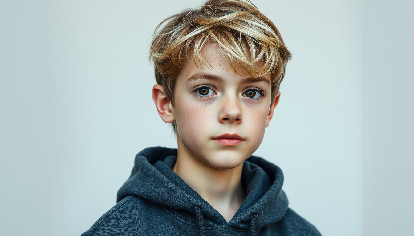 Main art studio: Teen boy with short, messy blond hair, brown eyes, normal facial proportions, natural-looking face, neutral relaxed expression, no blush, no rosy chee