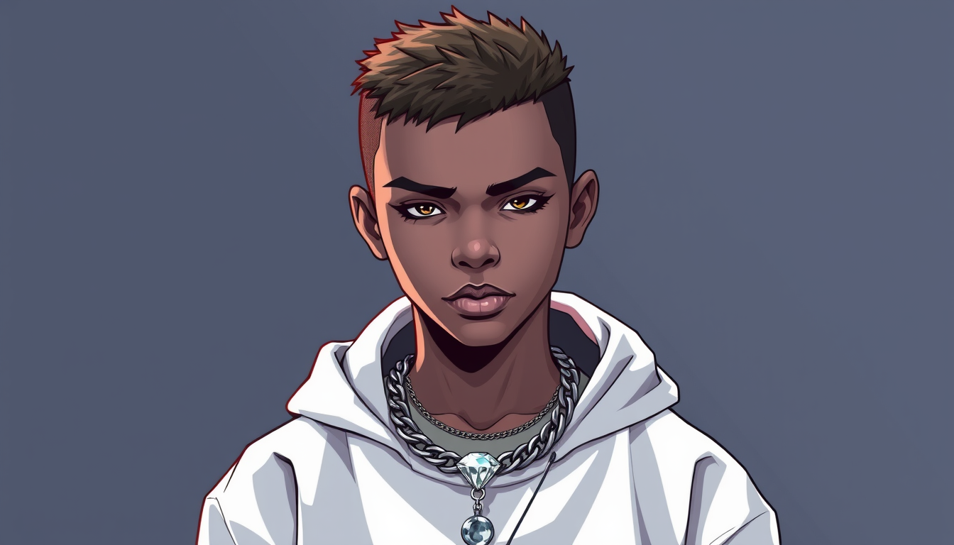 Characters idea: an original character defined by silhouette, role, outfit, palette, and expression, deliberate composition, Just a young boy with a diamond chain that