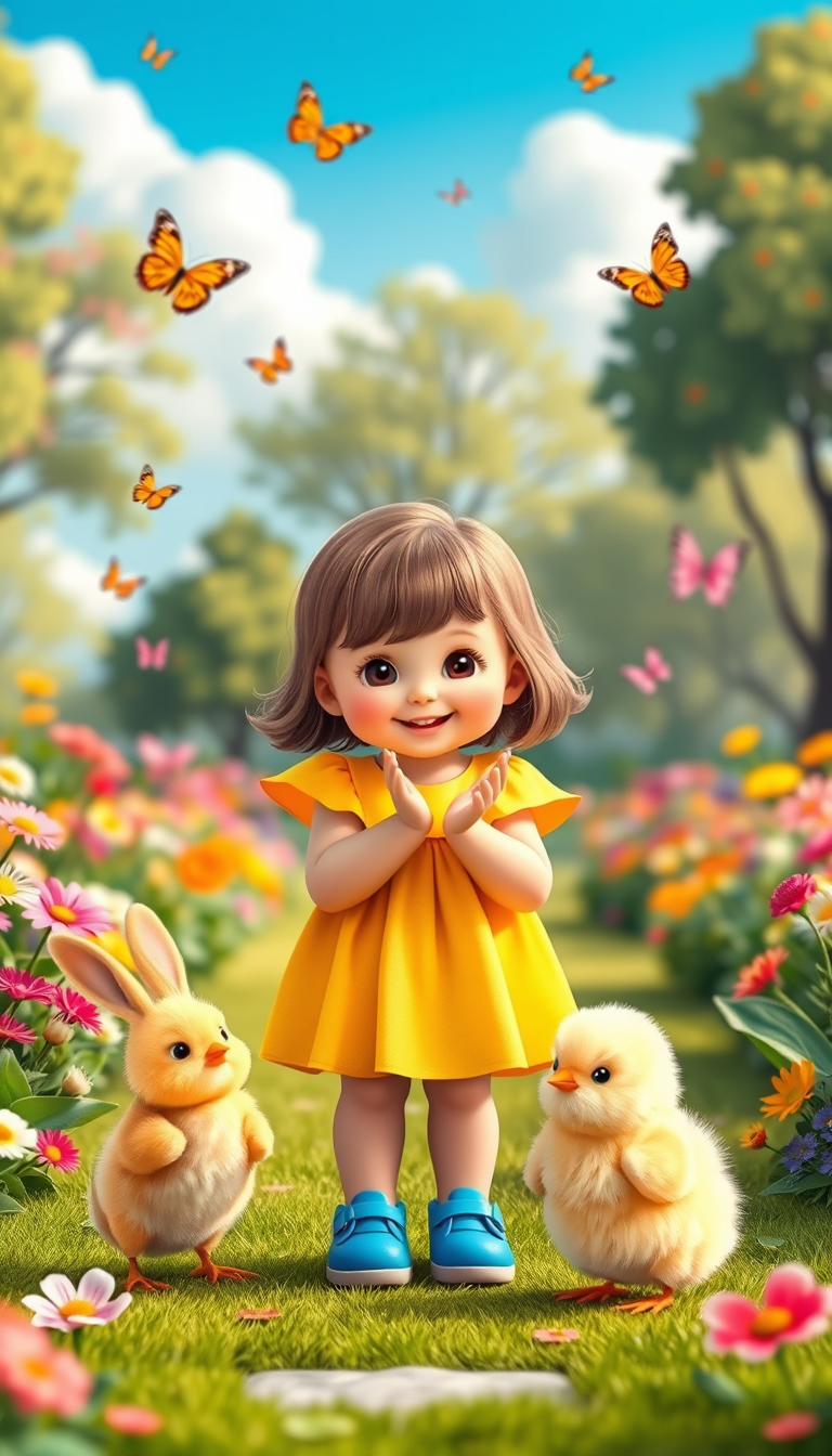 Main art studio: A cute little girl with brown hair in a yellow dress and blue shoes stands in a colorful park, smiling at the camera. She is surrounded by flowers, bu