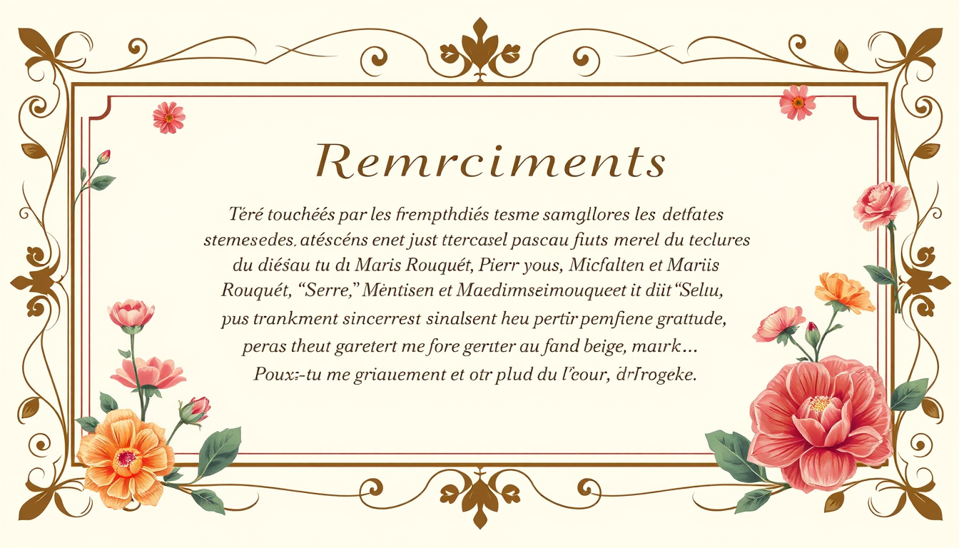 Cards idea: greeting card design, folded card artwork, clean composition, decorative frame, open message space, REMERCIEMENTS Très touchés par les marques de symp