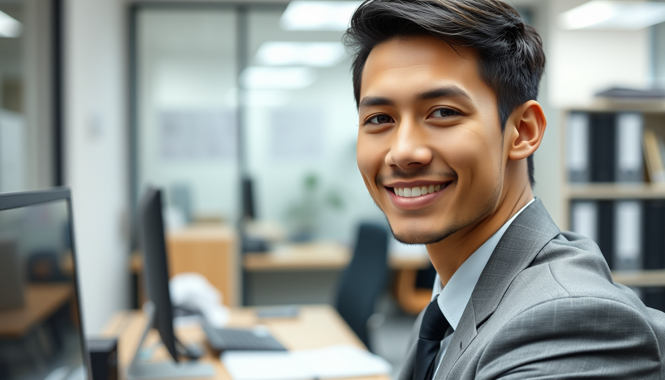 Main art studio: the person who work at the office brown eyes black hair 182cm tall skinny face good shape with suit and smile and picture was taken on his office also