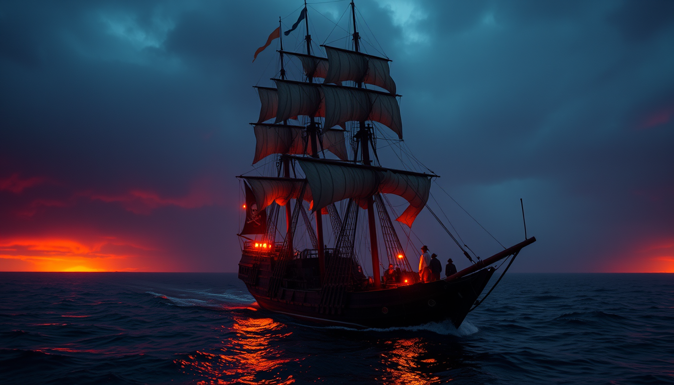 Main art studio: Schiff auf meer aus feuer und glut, aber ein richtig düsteres seriöses riesen piratenschiff, das bild soll insgesamt sehr düster wirken und mysteriös