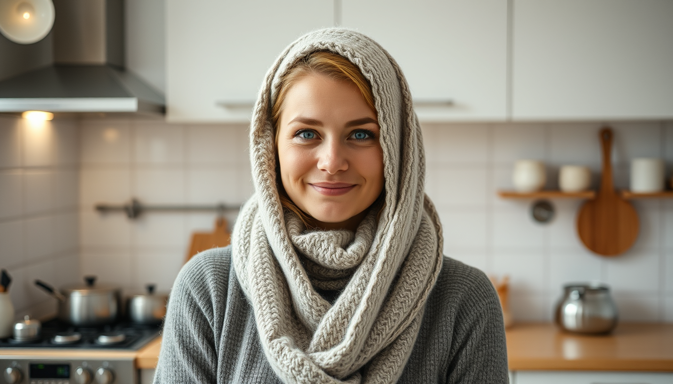 Main art studio: Erstelle eine junge Frau die in einer Küche steht und einen super weichen schnewleoparden onsie anhat der ihren ganzen Körper bedeckt außer das Gesich