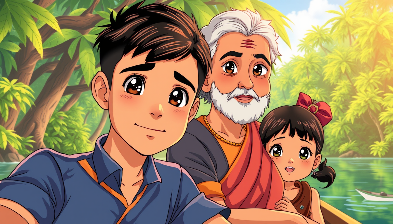 Anime idea: anime style, vibrant colors, expressive eyes, kerala state with green forest , river ,boat also children student grandfather ,father mother all age pe