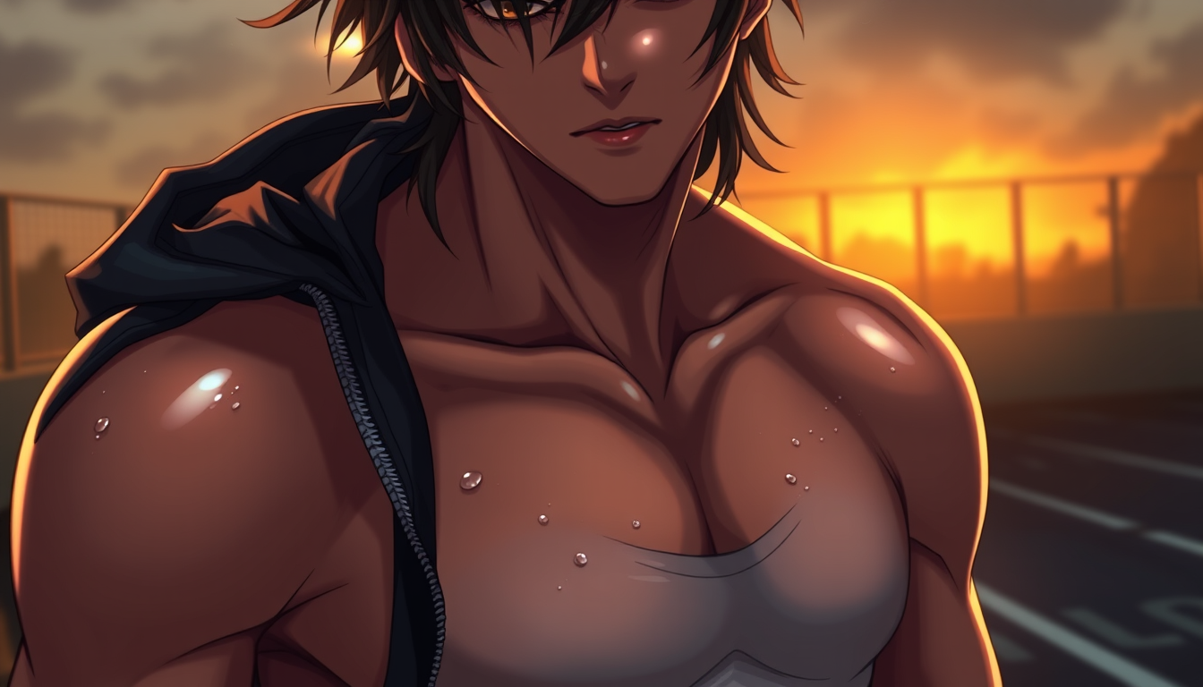 Anime idea: anime style, vibrant colors, expressive eyes, A striking digital painting of a handsome young man with a lean, muscular build, shown from the chest up