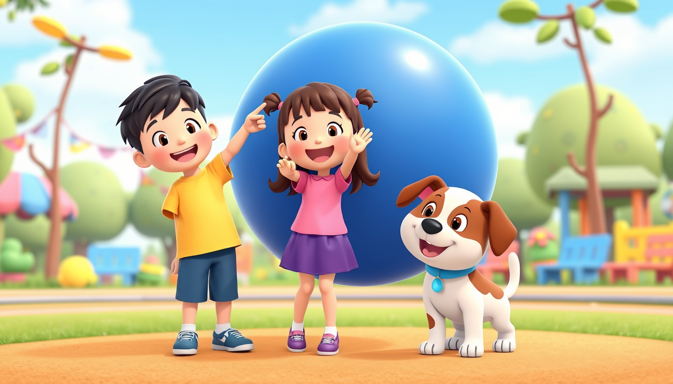Main art studio: Aru, Mia and Bobo only, exactly three characters. Aru is a boy in a yellow shirt and blue shorts. Mia is a girl in a pink shirt and purple skirt. Bobo