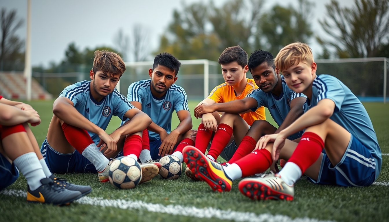 Main art studio: Tired american soccer boys after practice hanging out, sitting togther on the pitch in socks affectionately comparing their soccer shoes.