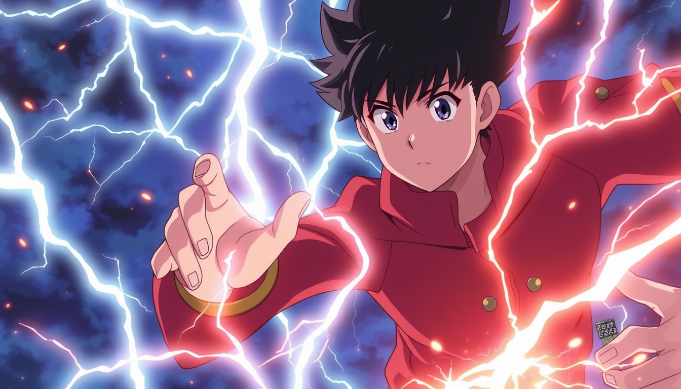 Anime idea: anime style, vibrant colors, expressive eyes, Create an epic anime story about a teenage boy who discovers powerful lightning abilities during a dange
