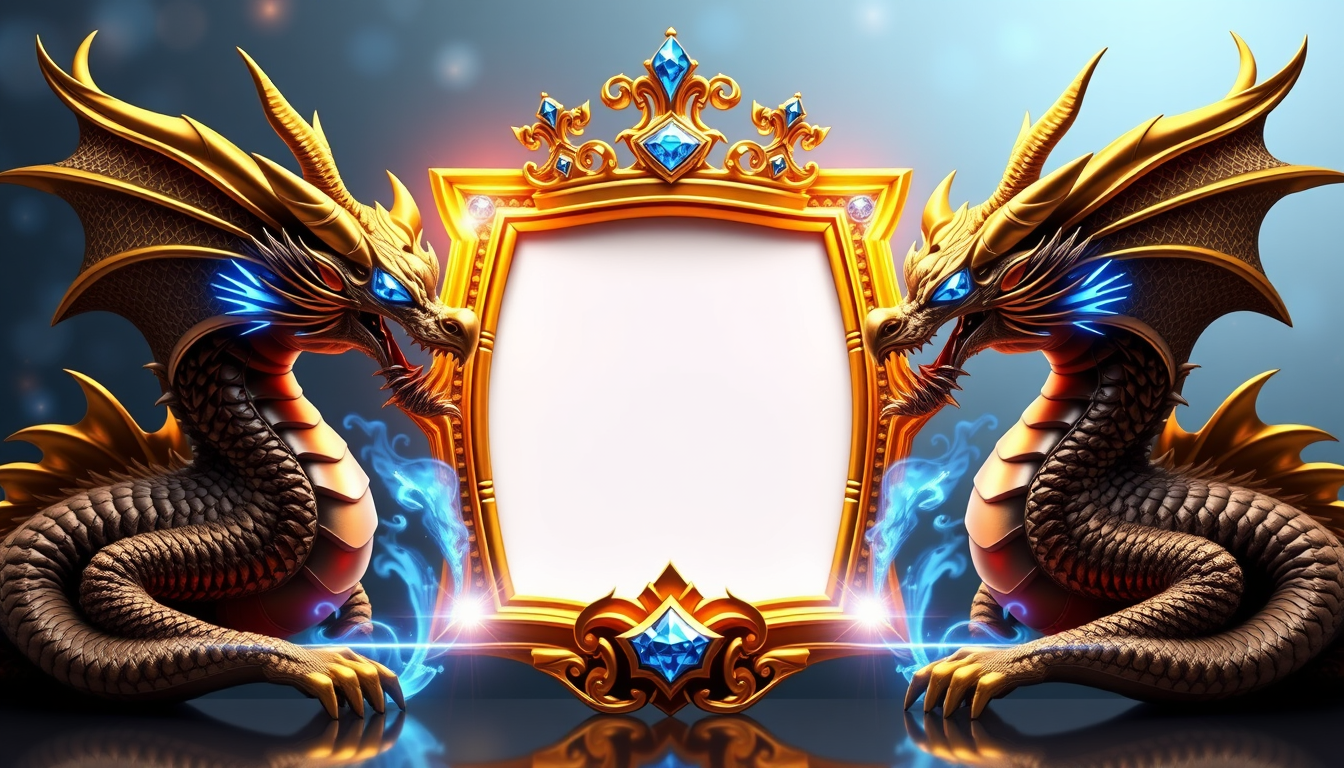 Main art studio: Create a luxury 3D profile picture frame with a golden crown, two majestic dragons, glowing blue diamonds, fire effects, sparkling lights,