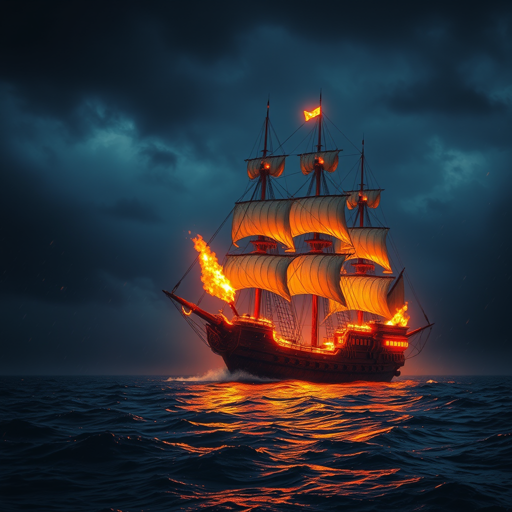 Main art studio: brennendes piratenSchiff auf meer aus feuer und glut, aber ein richtig düsteres seriöses riesen piratenschiff, das bild soll insgesamt sehr düster wir