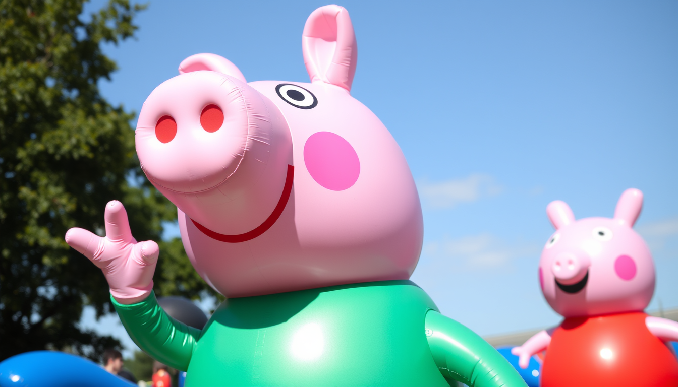 Main art studio: Inflatable Peppa Pig with finger your lips and beatboxing.