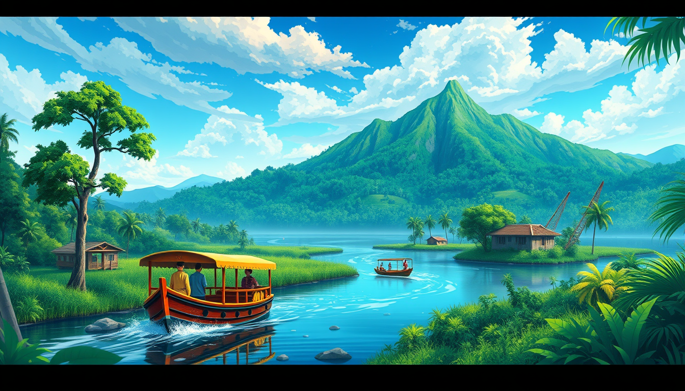 Anime idea: anime style, vibrant colors, expressive eyes, make kerala state map with green tree, mountain, river, boadt & green nature image with cinema related t