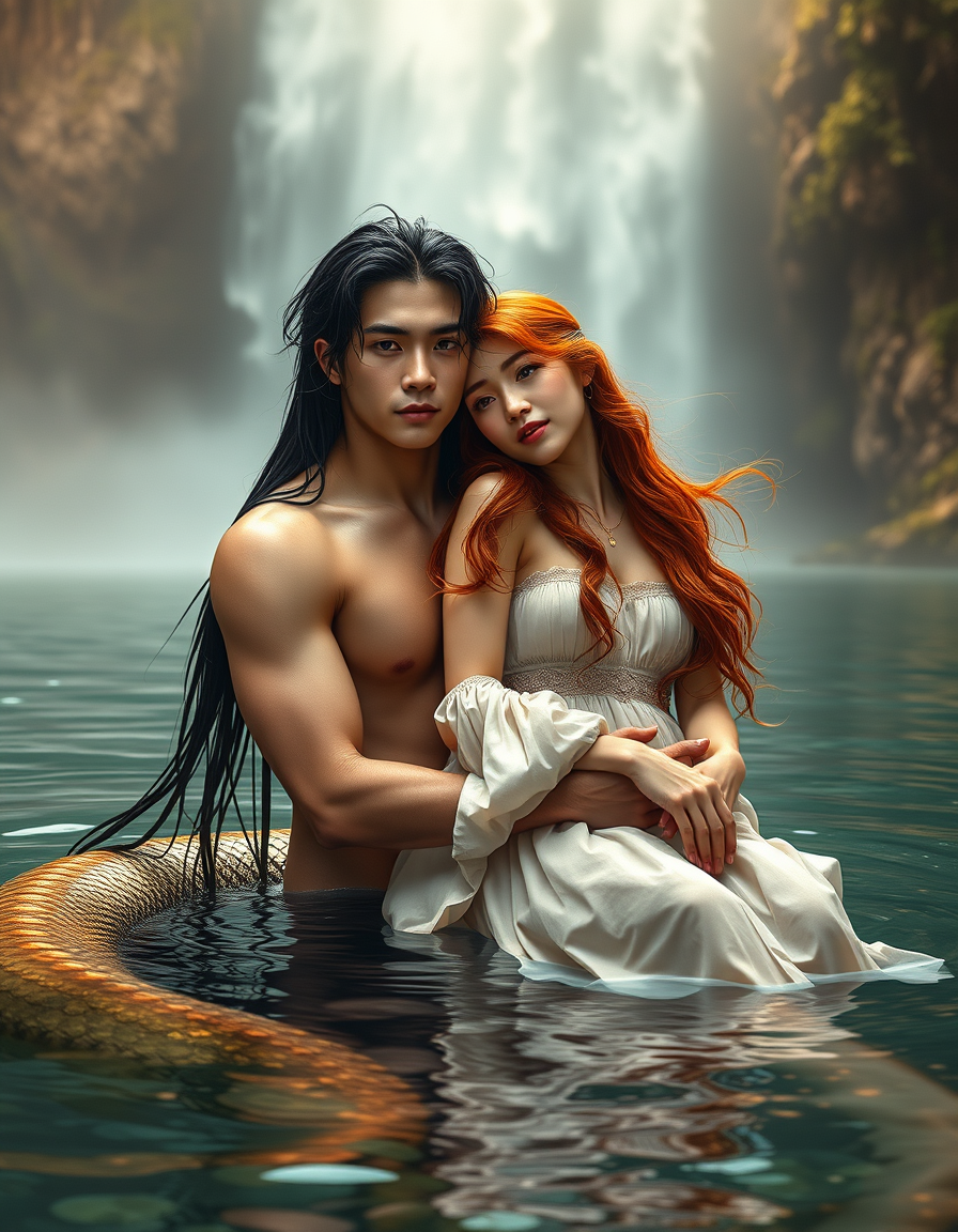 Main art studio: Cinematic dark fantasy, photorealistic. Young adult Korean Serpent King, handsome and athletic, youthful Korean face, glowing amber-gold eyes, long we