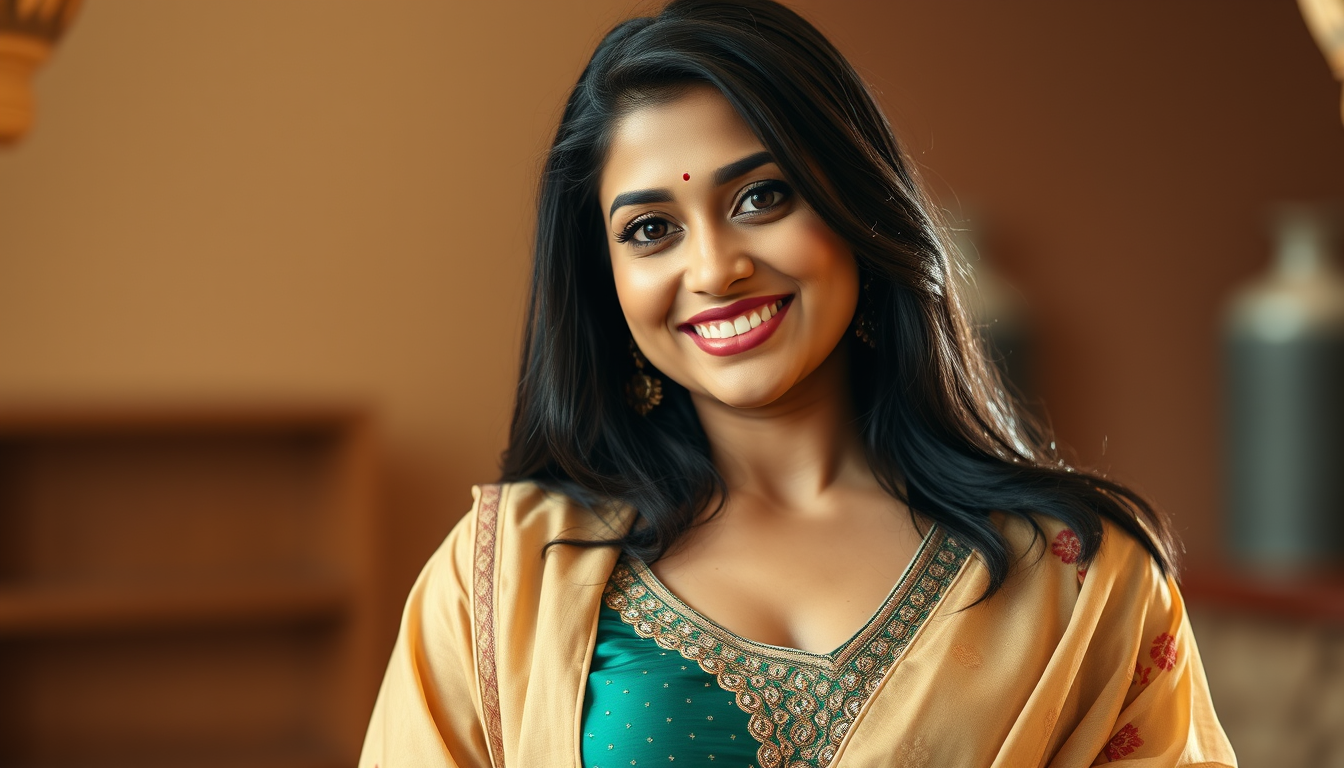 Main art studio: A beautiful adult Indian woman, attractive hourglass figure, moderately full bust, defined waist, proportionate hips, naturally curvy but not overweig