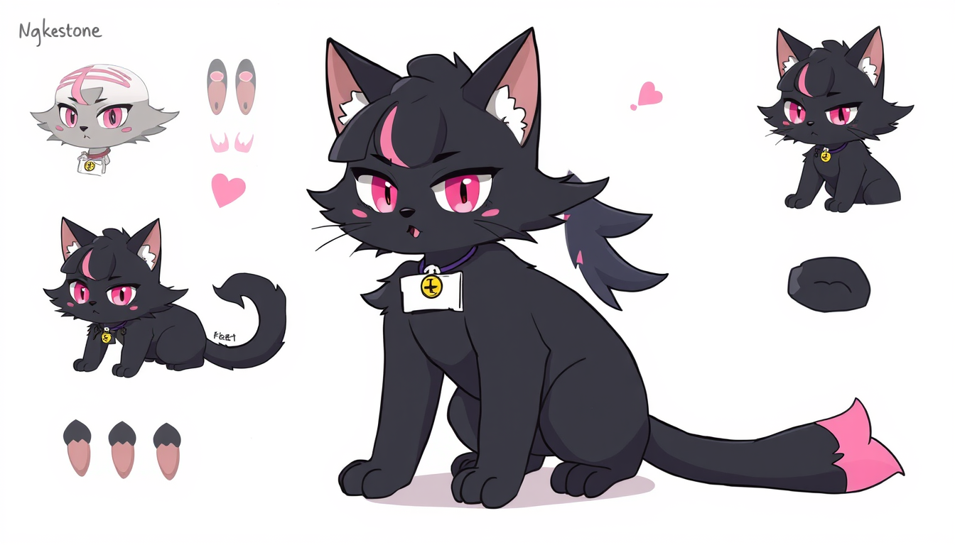 Fursona idea: fursona character, anthropomorphic animal design, expressive personality, reference sheet style, a black femboy cat with some white-pink-neony accents