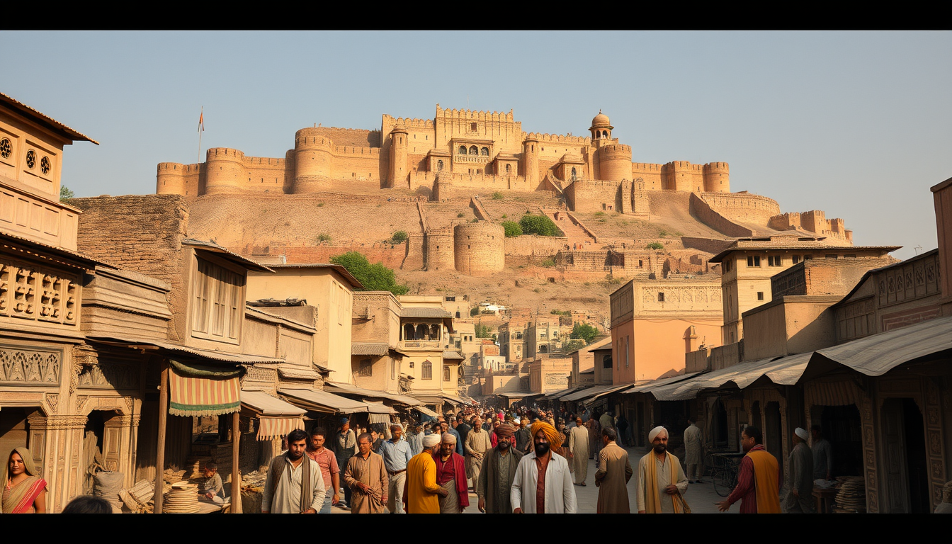 Main art studio: Historically inspired reconstruction of Bhangarh town in 16th century Rajasthan, lively marketplace, traditional Rajput sandstone buildings, merchants