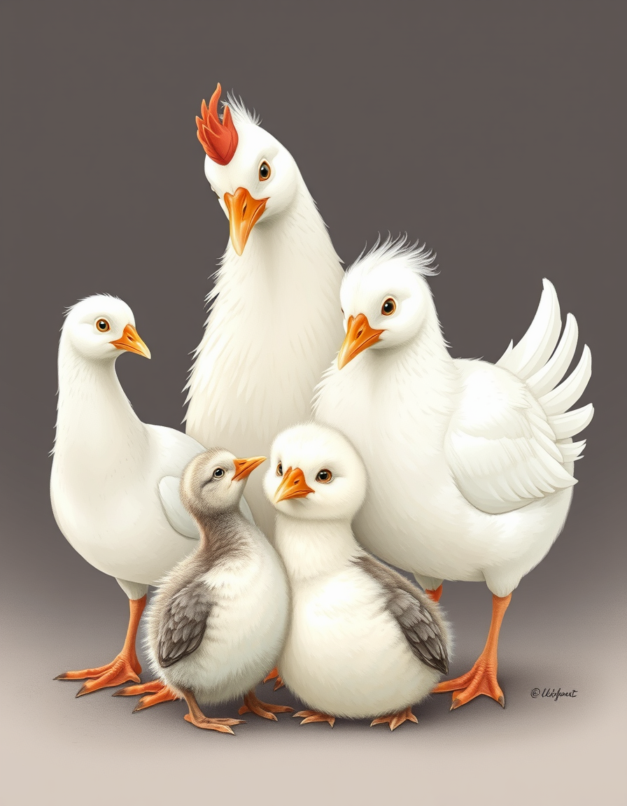 Main art studio: generiere bilder: eine gänsefamilie bestehend aus 4 Gänsen: Gänsemann(Vater), Gänsefrau (Mutter),junges Gänsemädchen und eine neugeborene gans, die no