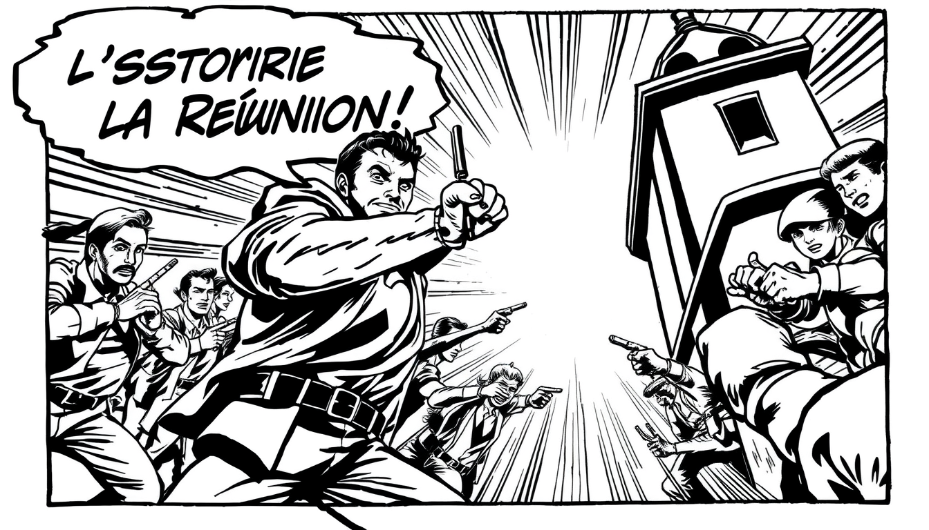 AI Comic idea created from the prompt: comic panel, bold inks, halftone shading, speech-bubble ready composition, L'histoire de la Réunion , dynamic comic illustration, action-pos