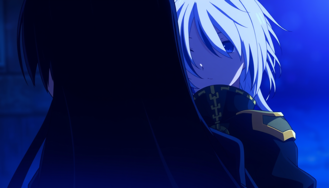 Main art studio: A dark, blue-toned anime scene featuring two characters standing very close together. The foreground character is shown mostly from behind, with long,