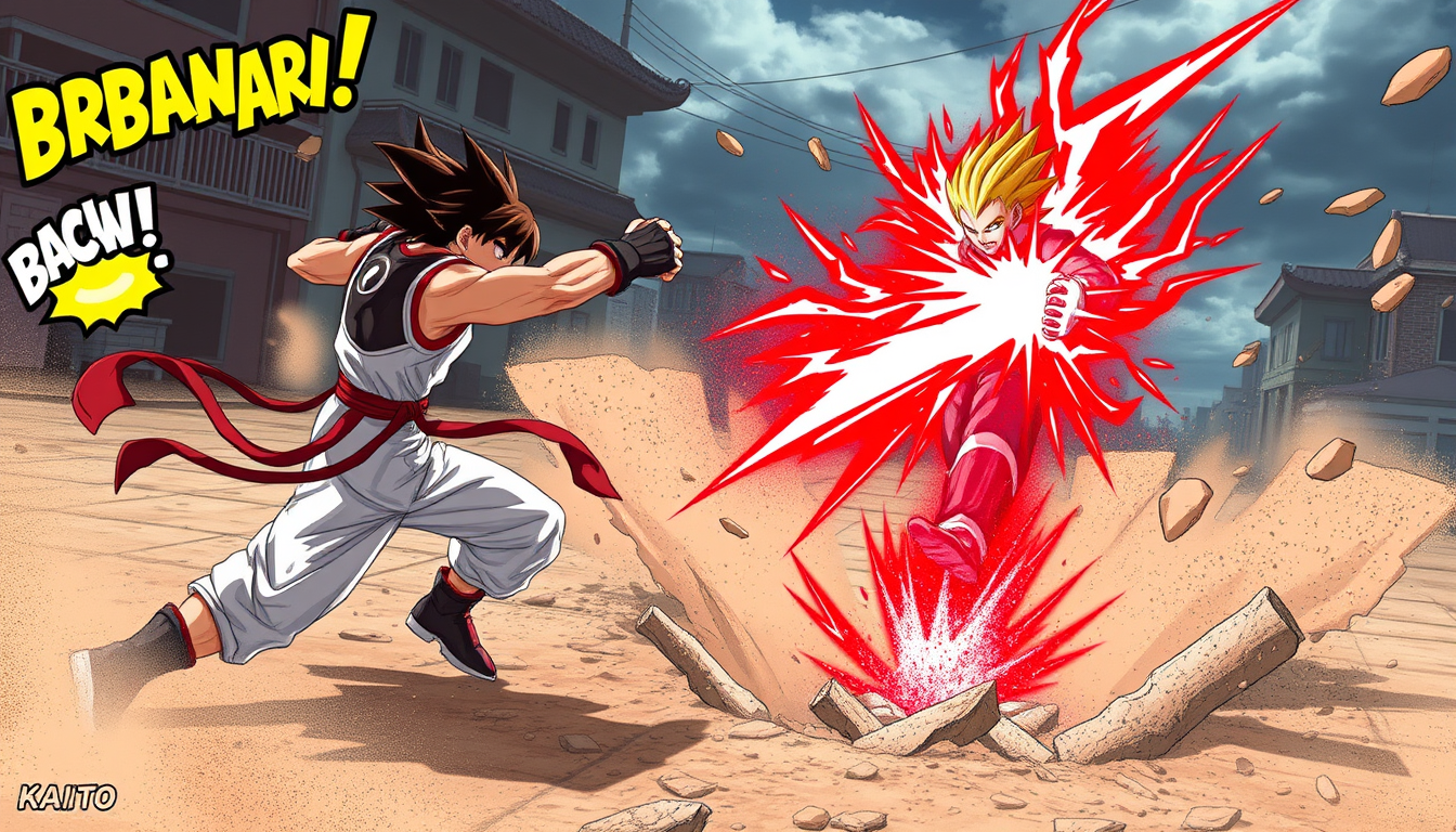Main art studio: RYUEN attacks with a series of punches and kicks. BAM! BAM! CRASH! KAITO dodges quickly and teleports above him. KAITO: “Barrier Step!” KAITO kicks RY