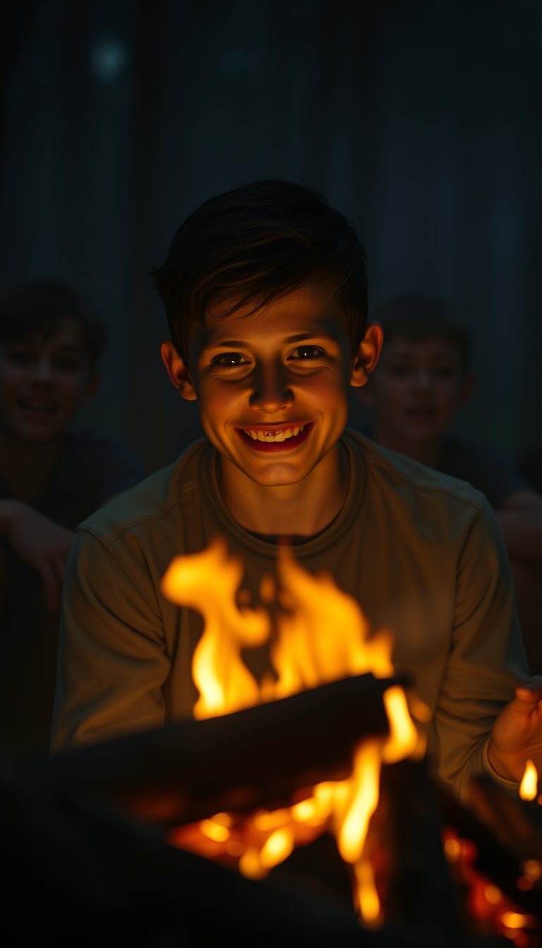 Main art studio: A teenage boy sitting directly across a campfire at night, staring toward the camera. His head is turned at an unnatural angle, his expression is unna