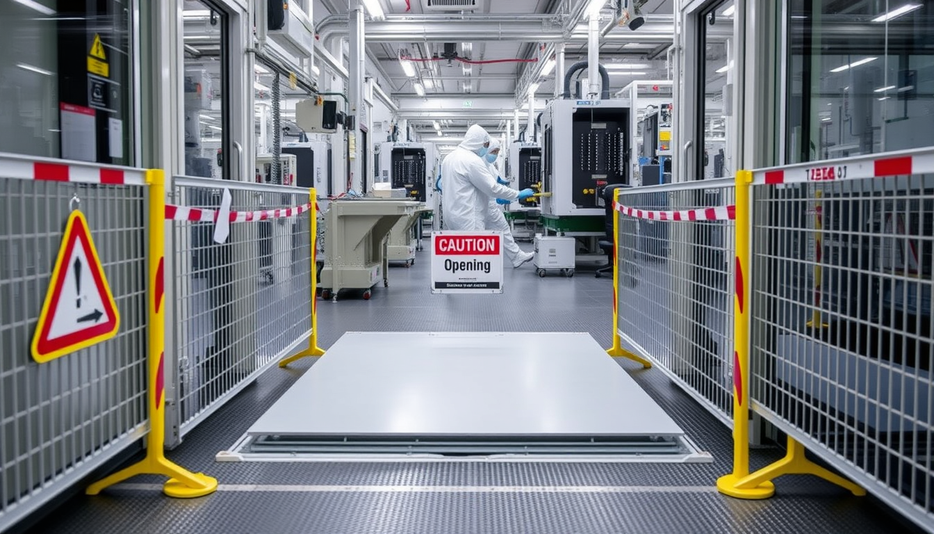 Main art studio: An access floor panel was lifted inside the semiconductor production line, creating a small opening. Foldable safety fences are set up parallel to eac