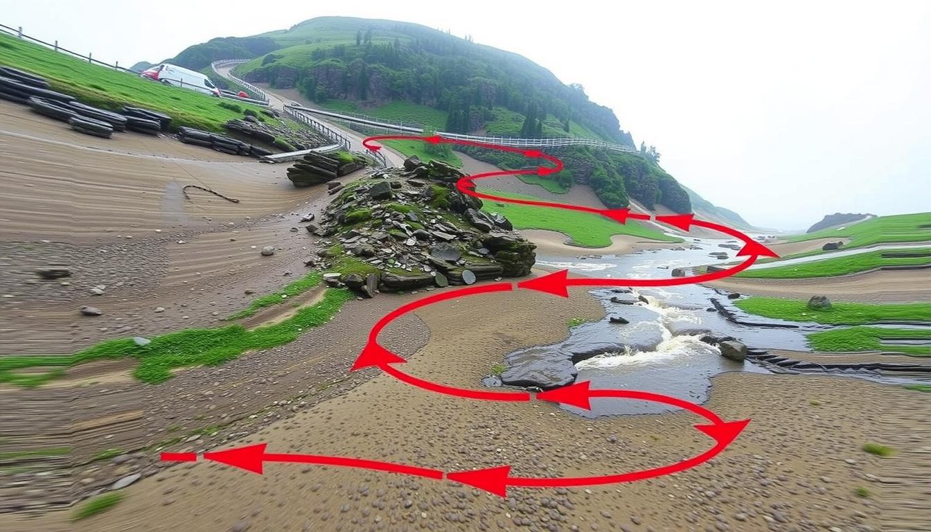 Main art studio: Use the attached image as the starting frame. The red line represents the drone flight waypoints and trajectory only, while the white arrows represent