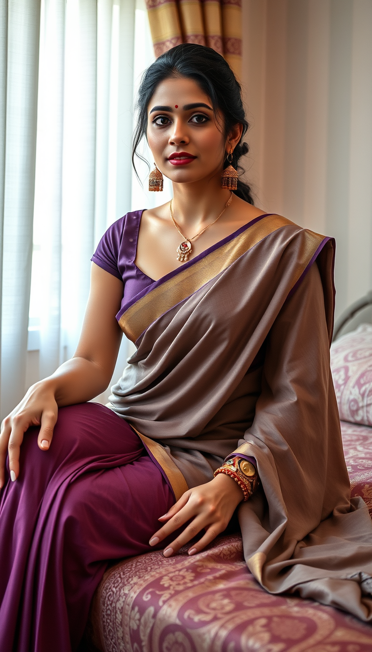 Main art studio: Create a realistic image of a 40 year old Indian stylish bhabhi. She wearing deep neck stylish blouse and stylish premium saree. She sitting on Indian